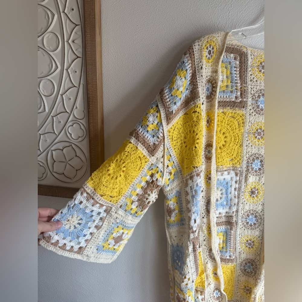 POL Crochet Patchwork Cardigan Sweater - Yellow, Cream & Baby Blue - Picture 6 of 10